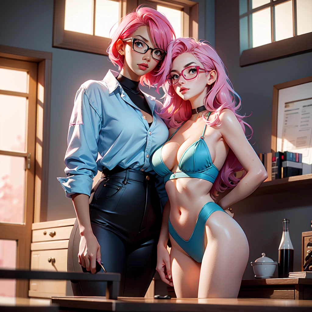 Best Quality, Masterpiece, Portrait, Perfect Anatomy, Femininity, Cool, Flawless, Solo, Sexy, Stylish, Mature, Long Light Pink Hair, Mole Above Lip, Red Lipstick, Big Breasts, With Light Blue Haired, the Girl is dressed as a sexy therapist, with glasses, cleavage and the backdrop is a therapists office with paddles and whips hanging on the wall