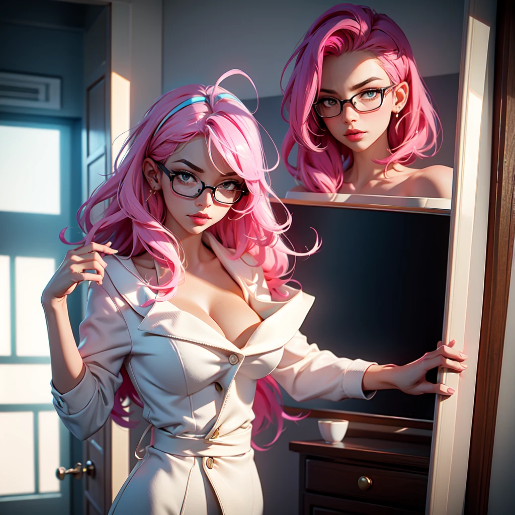 Best Quality, Masterpiece, Portrait, Perfect Anatomy, Femininity, Cool, Flawless, Solo, Sexy, Stylish, Mature, Long Light Pink Hair, Mole Above Lip, Red Lipstick, Big Breasts, With Light Blue Haired, the Girl is dressed as a sexy therapist, with glasses, cleavage and the backdrop is a therapists office with paddles and whips hanging on the wall
