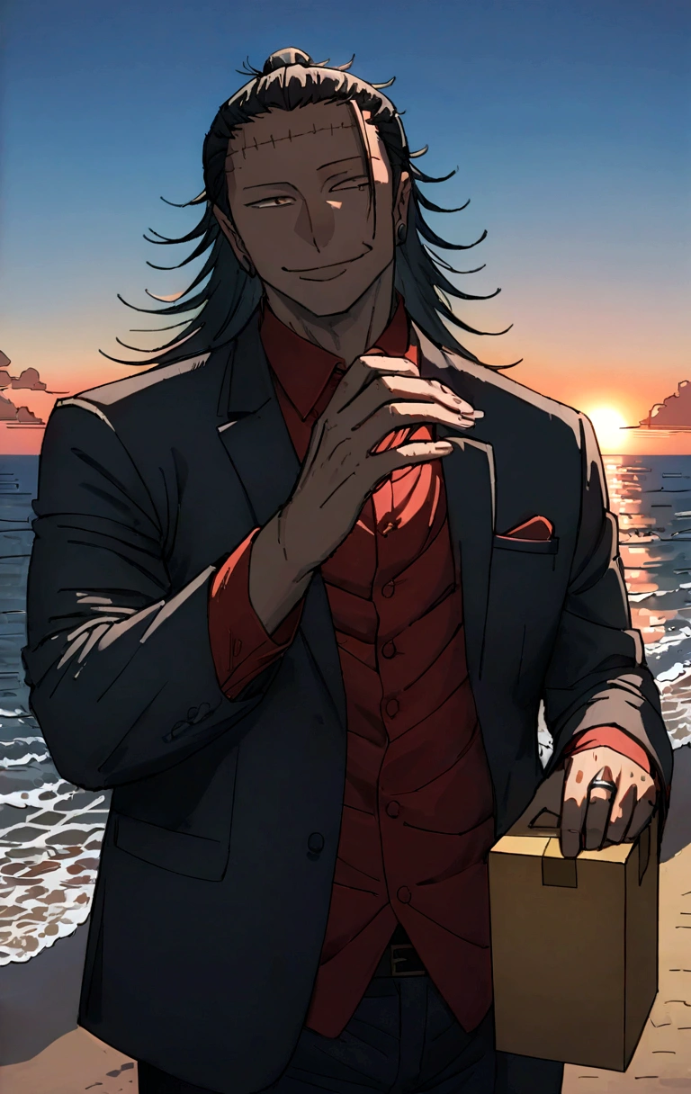Suguru Geto, 1 man, looking into the camera, Sly smile, full length, In a black suit, wearing a red shirt, holding a box with a wedding ring, against the backdrop of the sea and sunset, 8 k, Best quality