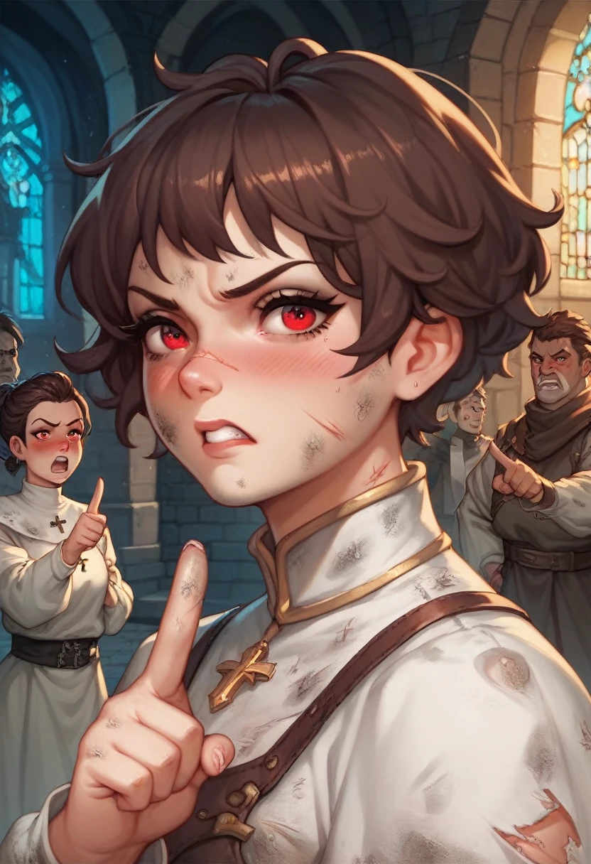 Adult female, fantasy, very short dark brown hair, red eyes, cleric, black on white cleric robes, blushing, angry, dungeon, pointing, running from monsters, highly detailed, high quality, perfect eyes, expressive eyes, dirty, cuts