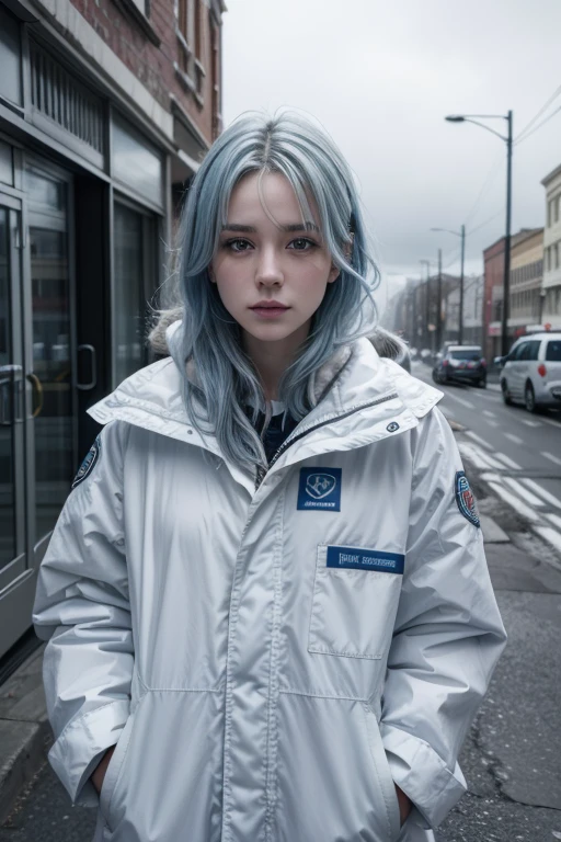 Create an ultra-realistic image of a 23-year-old woman with blue eyes standing in front of an ambulance wearing a white medical coat. The woman must have blue hair and be wearing winter clothing suitable for a cloudy day. The scene should capture the vibe of an emergency street full of people, with realistic details in clothing, expressions and the surrounding environment. Use realistic colors to faithfully portray the atmosphere and mood of an emergency on a cloudy day. in 8k.