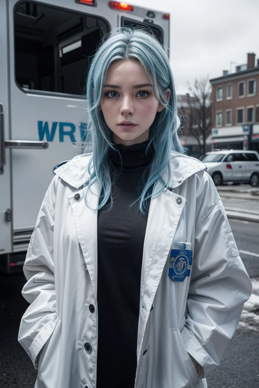 Create an ultra-realistic image of a 23-year-old woman with blue eyes standing in front of an ambulance wearing a white medical coat. The woman must have blue hair and be wearing winter clothing suitable for a cloudy day. The scene should capture the vibe of an emergency street full of people, with realistic details in clothing, expressions and the surrounding environment. Use realistic colors to faithfully portray the atmosphere and mood of an emergency on a cloudy day. in 8k.