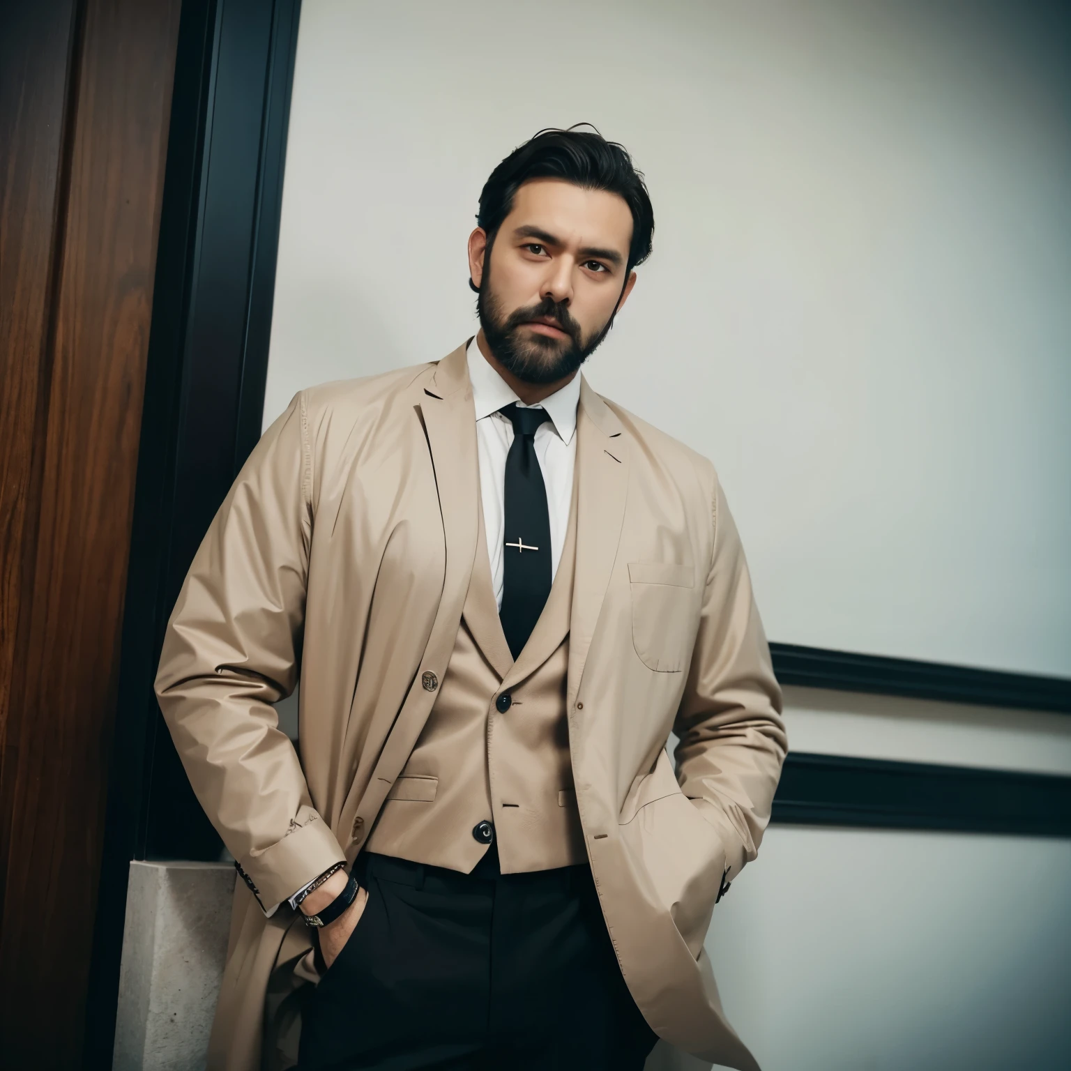 A gentleman, wearing a brown British windbreaker, an off-white suit, a brown tie, amber eyes, short black hair, a short black beard, and a watch in his left hand with his left hand in his pocket.