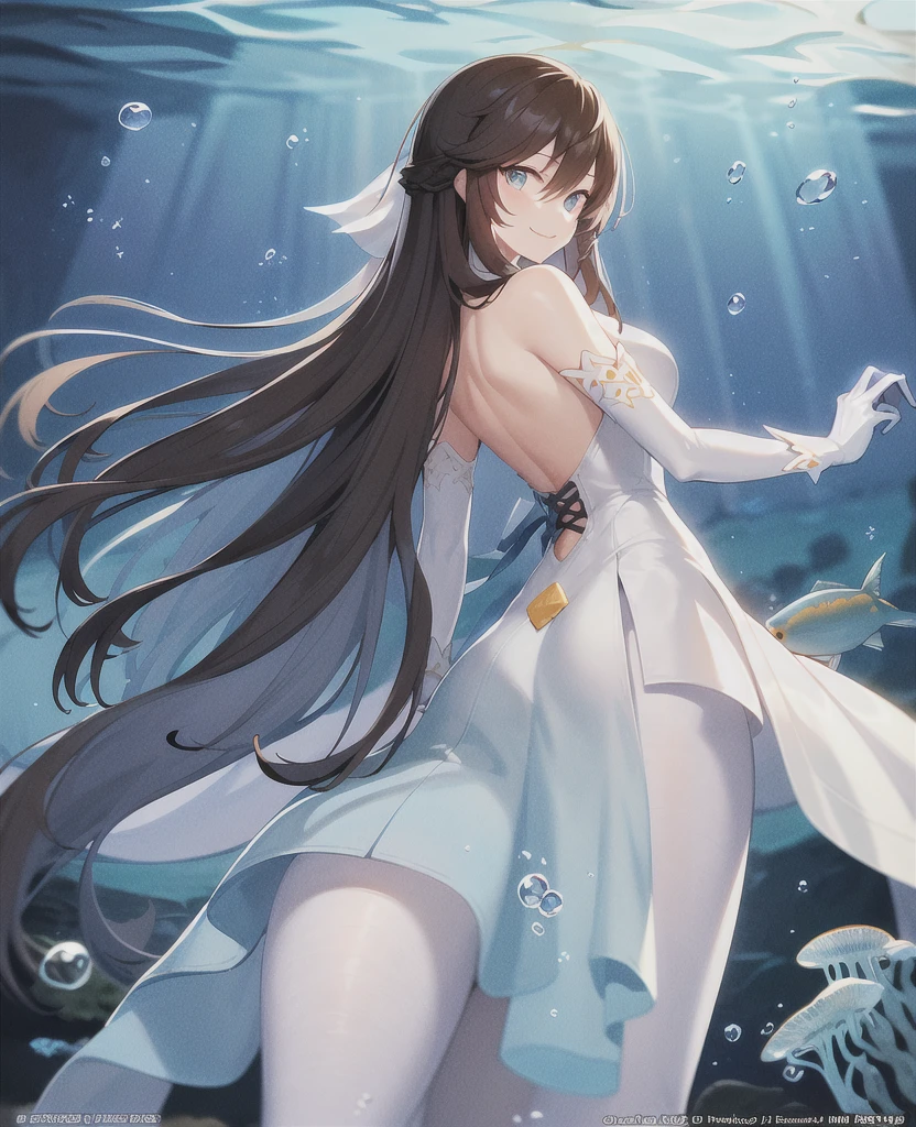 (masterpiece), best quality, ultra-detailed, illustration, warm lighting, bright colors, 1girl, solo, long hair, blue eyes, ribbon, brown hair, hair between eyes, hair ribbon, sidelocks, very long hair,

white dress, dress, thighs, long sleeves, hands behide back, (arms behide back), leaning foward, mischievous smile, ((arms_behind_back)), white pantyhose, white gloves, 

underwater, floating, wet,cowboy shot, fish surrounded, seabed, undersea,underwater,  jellyfish, fish, bubble, sunbeam,


 