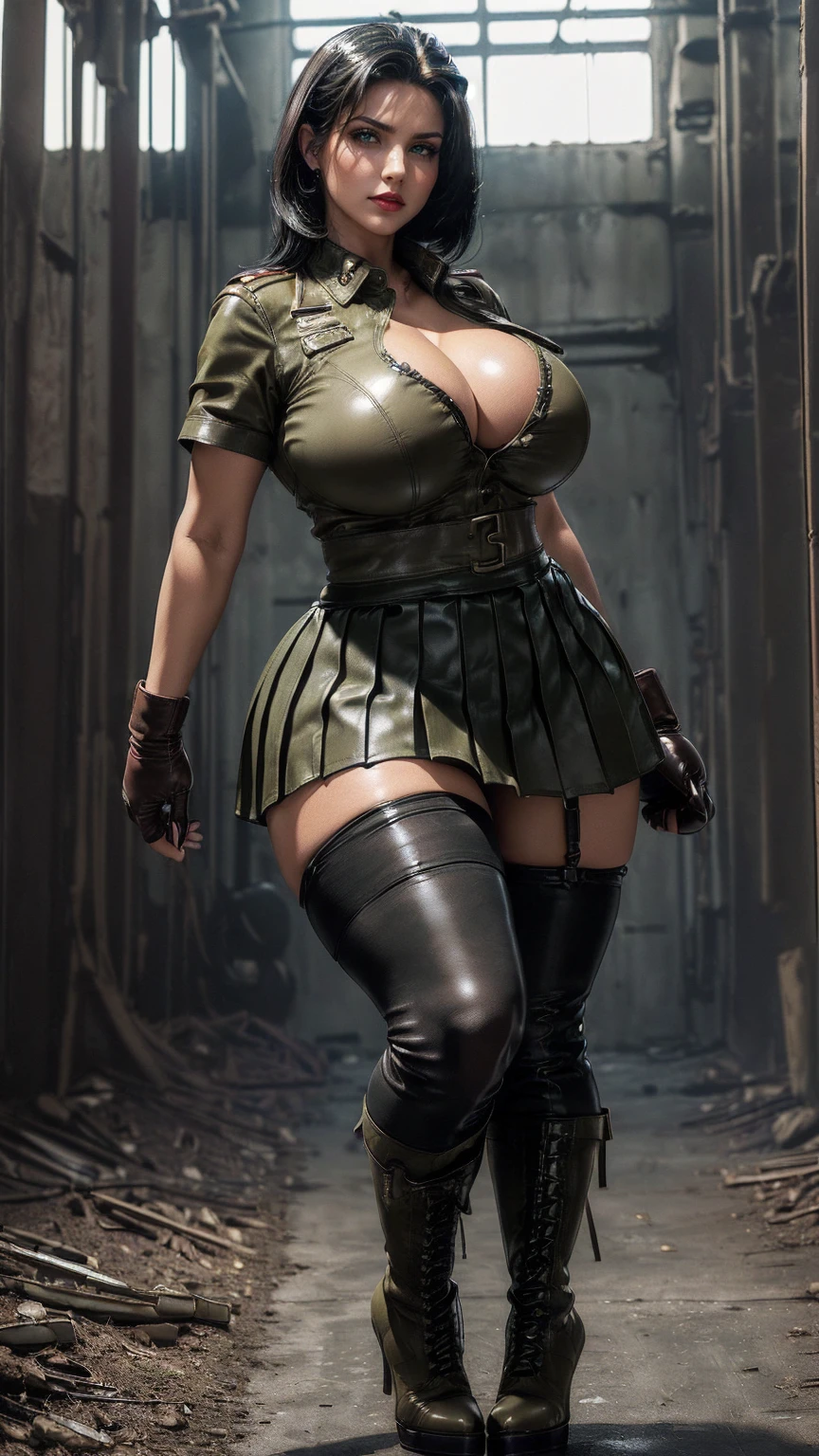 (​masterpiece, Top quality, best quality, official art, beautiful and aesthetic: 1.2), (gorgeous and stunning Denise Milani), extremely detailed, colourful, Highly detailed, (short, straight jet-black hair:1.3), (green eyes), ((khaki leather army shirt, buttoned up:1.3)), ((khaki leather pleated skirt:1.3)), ((nylon stockings:1.3)), ((black boxing gloves:1.3)), ((short stiletto-heeled military boots)), ((huge breasts:1.4)), ((deep cleavage:1.3)), ((firm round breasts:1.5)), ((thicc, thick thighs:1.4)), (red lipstick, makeup:1.3), sexy nylon stockings, translucent stockings, (full body portrait:1.3), intimidating pose in an abandoned factory,