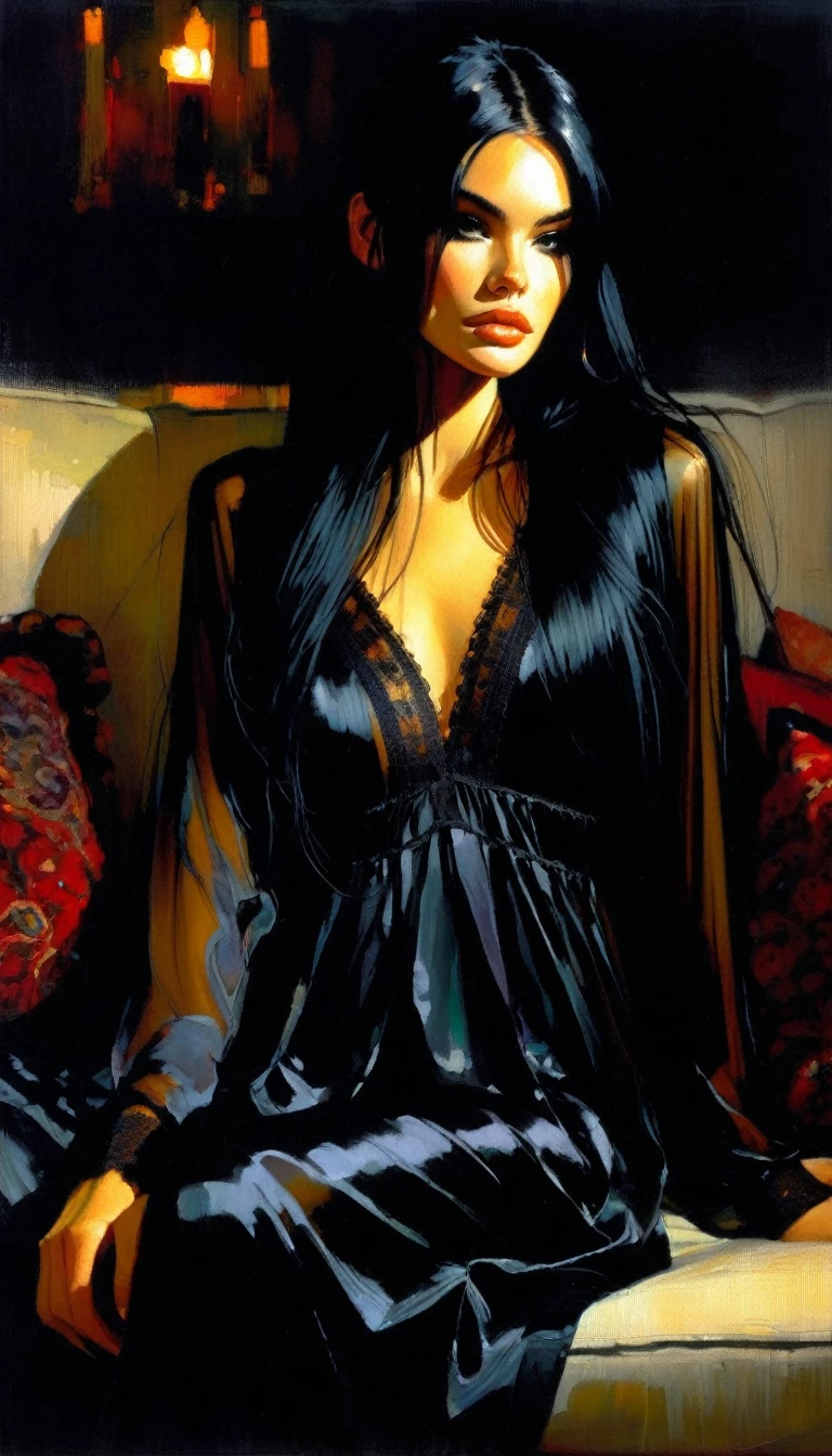 very pretty girl, long black hair with braids, black embroidered nightgown with transparency, small breasts, dim candlelight, sitting sexy on a sofa full of cushions in the dark. (art inspired by Bill Sienkiewicz). oil painting)
