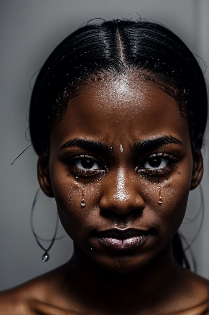 there is a black woman's face with a tear drop running down on her face, tears dripping from the eyes, tears drip from the eyes, tears running down face, crying one single tear, crying tears, a close up shot of a crying eye, sad eyes tears, tear on face, tear drops, tears from the eyes, tears in eyes, with tears, woman crying