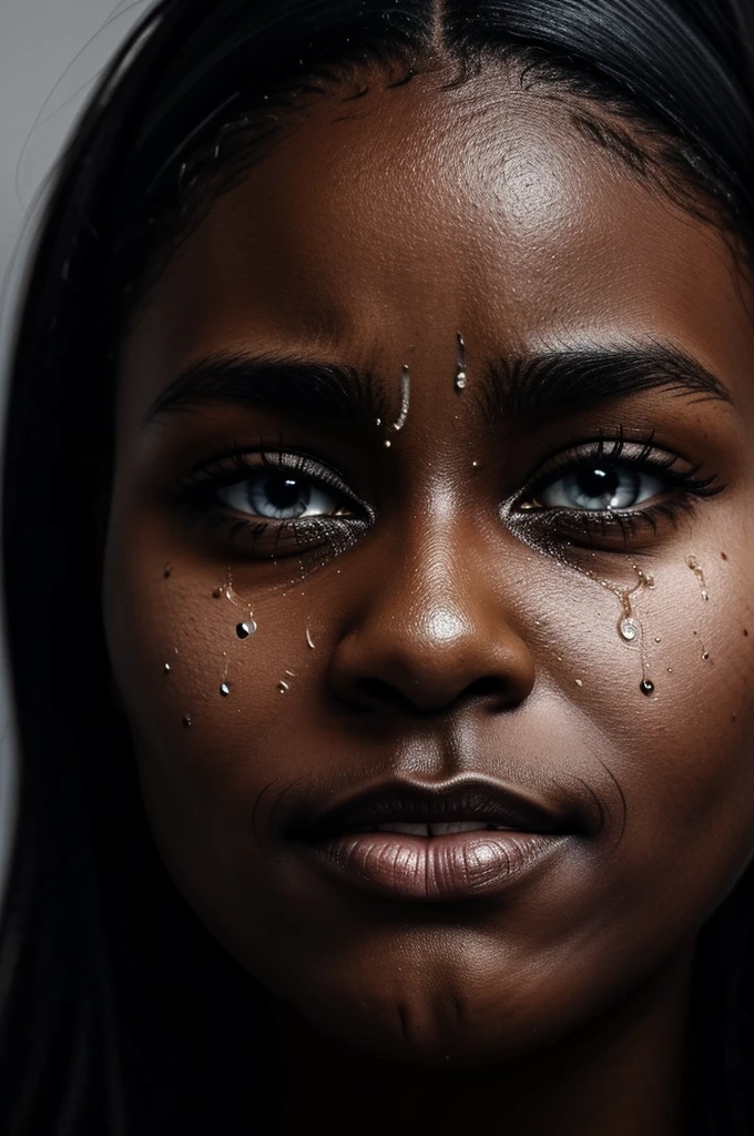 there is a black woman's face with a tear drop running down on her face, tears dripping from the eyes, tears drip from the eyes, tears running down face, crying one single tear, crying tears, a close up shot of a crying eye, sad eyes tears, tear on face, tear drops, tears from the eyes, tears in eyes, with tears, woman crying