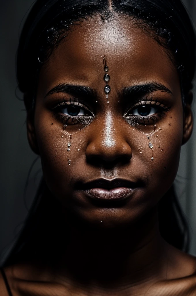 there is a black woman's face with a tear drop running down on her face, tears dripping from the eyes, tears drip from the eyes, tears running down face, crying one single tear, crying tears, a close up shot of a crying eye, sad eyes tears, tear on face, tear drops, tears from the eyes, tears in eyes, with tears, woman crying