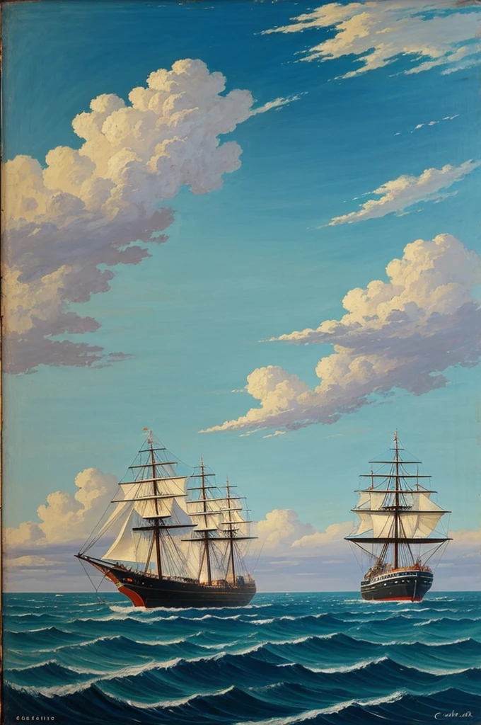 Landscape for the painting azure sea, in which a large ship floats