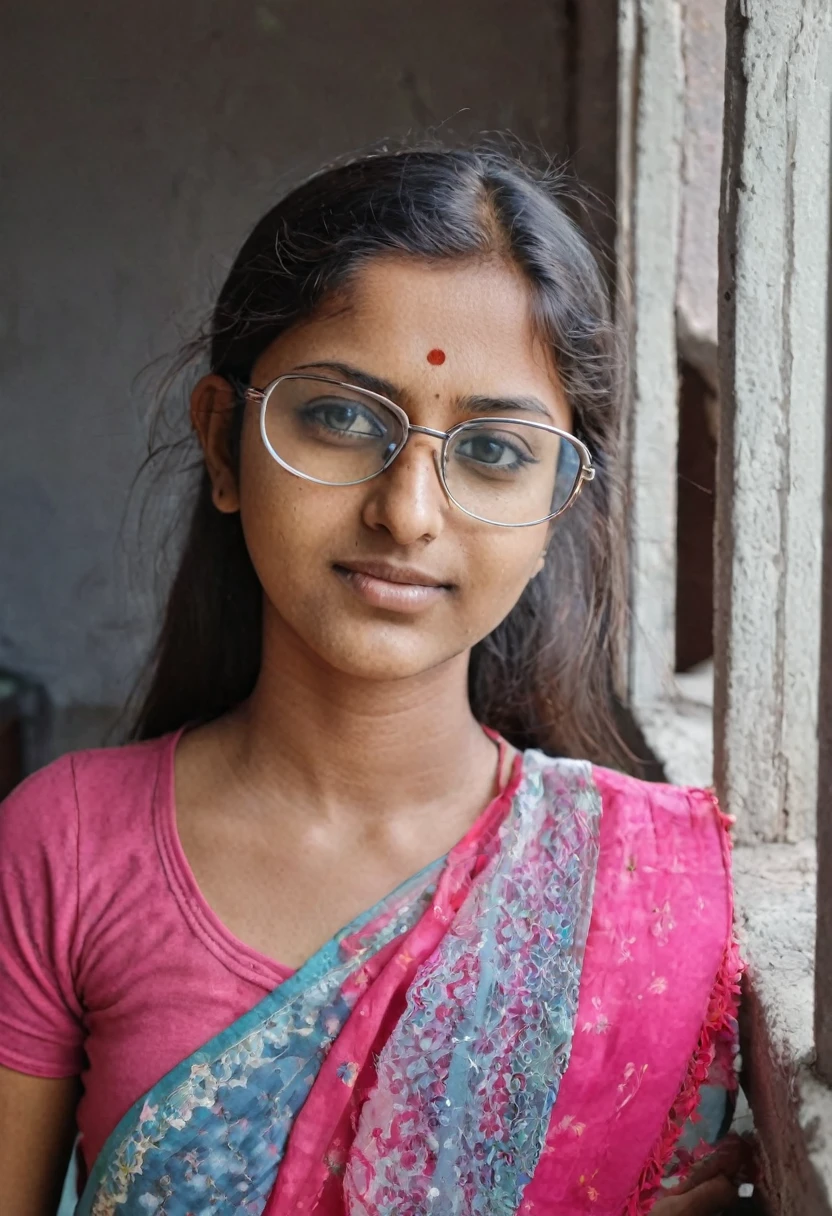 Braided hair nude weak Indian glasses nerd girl standing in house