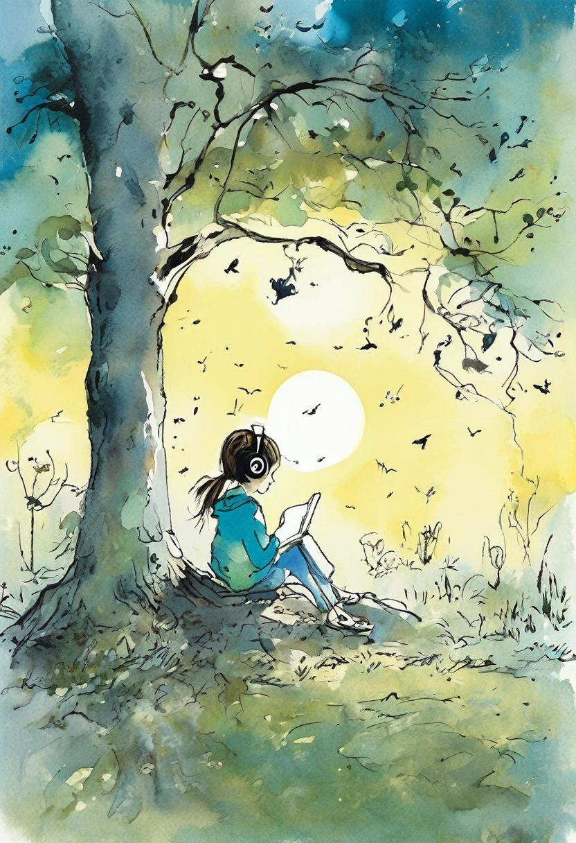 (a girl with headphones, sitting at the foot of a tree, under the moonlight ) by Quentin Blake, style byQuentin Blake, scene by Quentin Blake, art byQuentin Blake, color by Quentin Blakeatmosphere by Quentin Blake, lights byQuentin Blake, textures by Quentin Blake,shadows by Quentin Blake