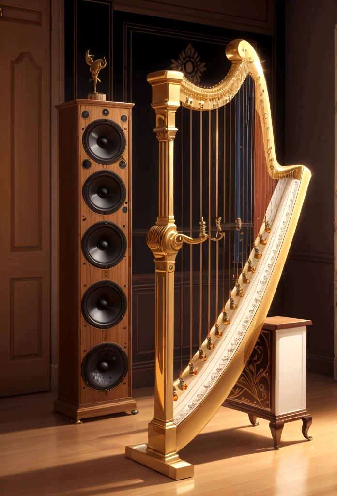 Musical instrument 1 harp and 3 electric speakers.