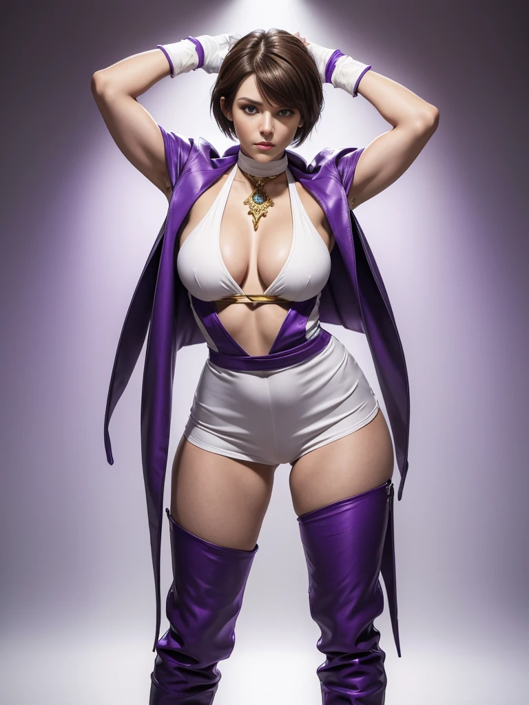 ((best quality)), ((4k)), ((highres)), ((masterpiece:1.2)). ((detailed)), ((ultra realistic)), ((intricate details)), ((full body picture)), ((solo character)), ((blank background)), ((standing in a blank background)), a full body shot of a beautiful european female, polish woman, polish beauty, ((emphasis on her fair skin complexion)), ((brown hair)), pixie haircut, ((PIXIE HAIRCUT)), ((VERY SHORT HAIR)), perfect face, gorgeous face, ((vivid hazel eyes)) detailed eyes, detailed lips, about 6'3 tall, ((TALL WOMAN)), about 18 years old, muscular body, ROBUST FRAME, muscular arms, she's dressed in a sleeveless purple jumpsuit with high neck, ((PURPLE JUMPSUIT)), ((high neck)), no cleavage, ((no cleavage)), BLACK boots and white gloves, ((BLACK boots)), ((white gloves)), WHITE and purple long SCARF AROUND HER neck WITH GOLD ADORNMENTS, ((WHITE and purple long SCARF AROUND HER neck)), posing with her arms above her head, ((arms above head)), fighting game character concept art, tekken character design, the king of fighters character concept, full bofy, full body concept art, full body art