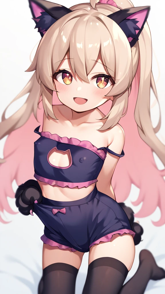score_9, score_8_up, score_7_up, score_6_up, score_5_up, score_4_up, source_anime, BREAK
OyamaMahiro, 1girl, solo, 1girl, solo, female, text, hair, breasts, clothed, blush, open mouth, looking at viewer, black cat lingerie, smile, , erect nipples under clothes, black stockings