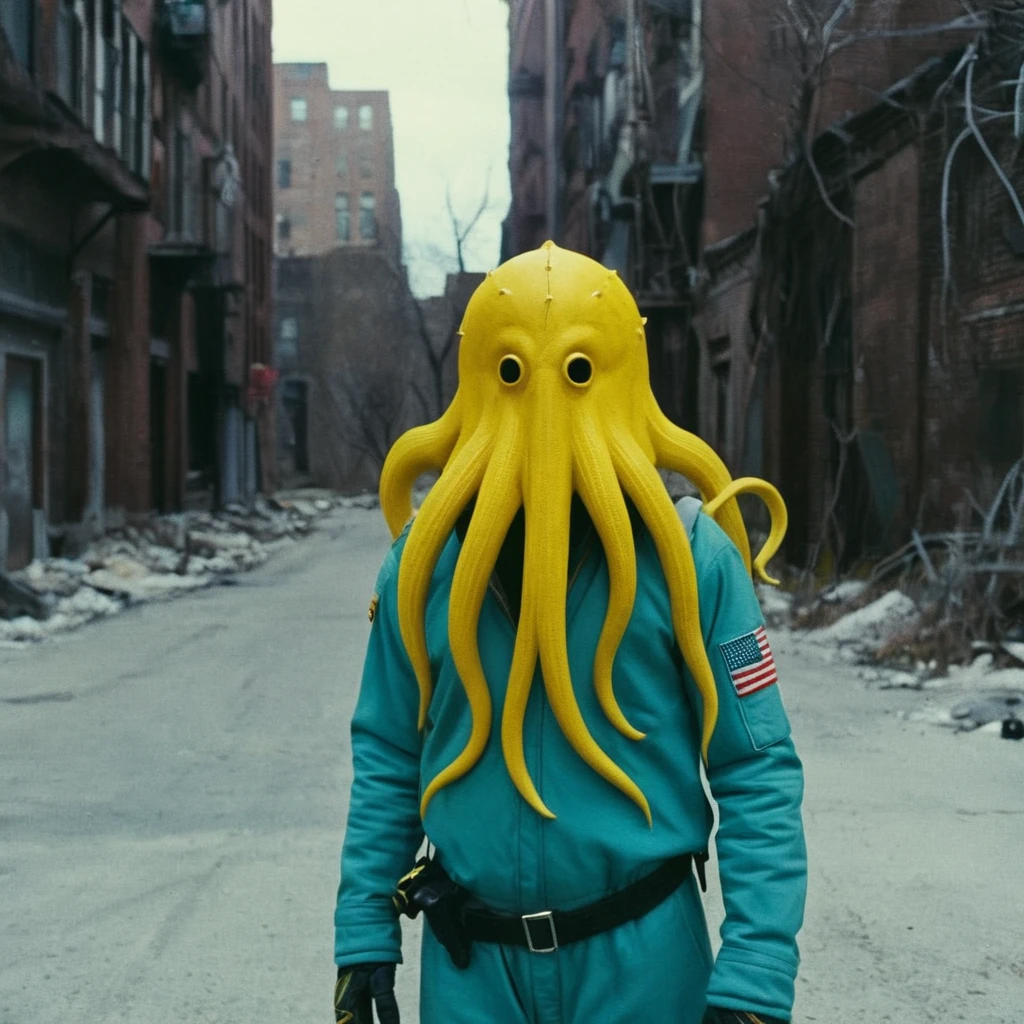 Horror-themed, In an ancient and mysterious city a person wearing a yellow helmet with yellow spikes on it carcosa city style, Don Bluth Style ASTRONAUT Cthulhu yellow Toon Doll, full body RAW candid cinema, cyan hair, 16mm, color graded portra 400 film, Eerie, unsettling, dark, spooky, suspenseful, grim, highly detailed