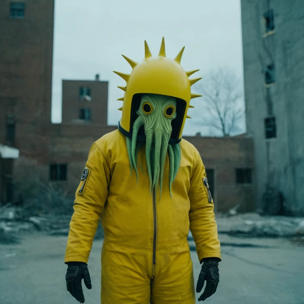 Horror-themed,  In an ancient and mysterious city a person wearing a yellow helmet with yellow spikes on it carcosa city style, Don Bluth Style ASTRONAUT Cthulhu yellow Toon Doll, full body RAW candid cinema, cyan hair, 16mm, color graded portra 400 film, Eerie, unsettling, dark, spooky, suspenseful, grim, highly detailed