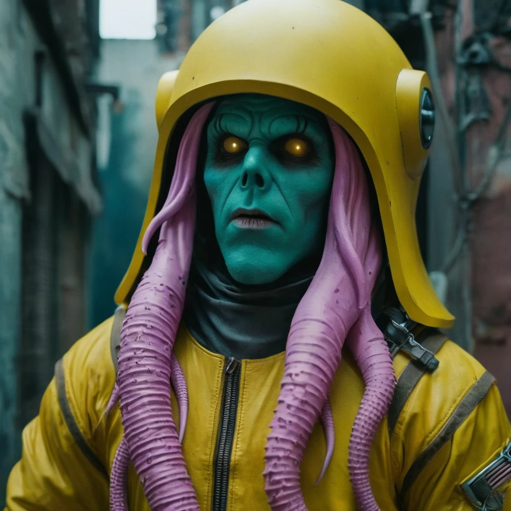 Horror-themed,  In an ancient and mysterious city a person wearing a yellow helmet with pink dark spikes on it carcosa city style, Don Bluth Style ASTRONAUT Cthulhu yellow Toon Doll, full body RAW candid cinema, cyan hair, 16mm, color graded portra 400 film, Eerie, unsettling, dark, spooky, suspenseful, grim, highly detailed, titanium decorative headdress, cinematic, trending on artstation | Isometric | Centered