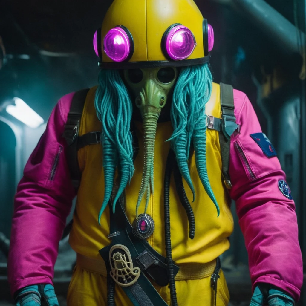 Horror-themed,  In an ancient and mysterious city a person wearing a yellow helmet with pink dark spikes on it carcosa city style, Don Bluth Style ASTRONAUT Cthulhu yellow Toon Doll, full body RAW candid cinema, cyan hair, 16mm, color graded portra 400 film, Eerie, unsettling, dark, spooky, suspenseful, grim, highly detailed, titanium decorative headdress, cinematic, trending on artstation | Isometric | Centered