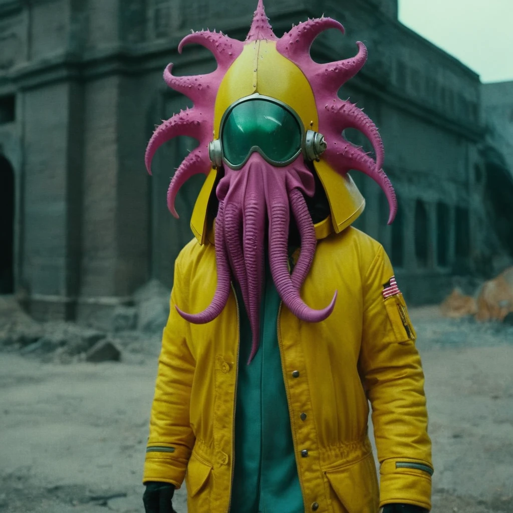 Horror-themed,  In an ancient and mysterious city a person wearing a yellow helmet with pink dark spikes on it carcosa city style, Don Bluth Style ASTRONAUT Cthulhu yellow Toon Doll, full body RAW candid cinema, cyan hair, 16mm, color graded portra 400 film, Eerie, unsettling, dark, spooky, suspenseful, grim, highly detailed, titanium decorative headdress, cinematic, trending on artstation | Isometric | Centered