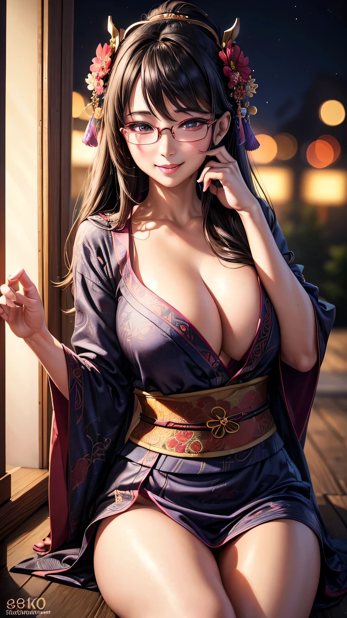 1 girl, glasses, big breasts, loose dark yukata, loose hair, smiling at you, sexy pose, blush, night light, detailed face, beautiful eyes, detailed hand, long eyelashes, detailed lips, detailed skin, intricate details, elegant, beautiful lighting, cinematic, soft focus, photorealistic, masterpiece, 8k, ultra-detailed, (best quality, 4k, 8k, highres, masterpiece:1.2), ultra-detailed, (realistic, photorealistic, photo-realistic:1.37)