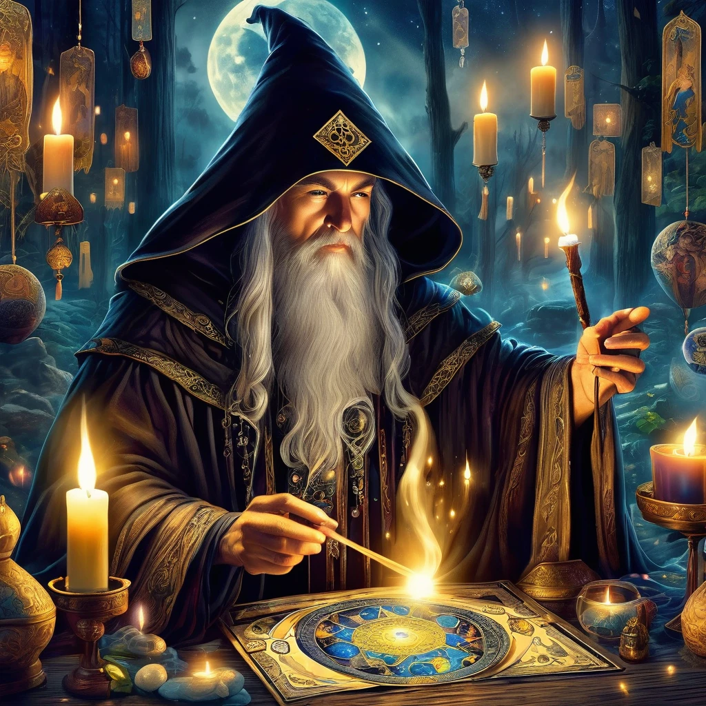 Wizard in a black cloak,fortune teller,Tarot占卜术,Tarot,空中漂浮的Tarot,阵列的Tarot,Dim candlelight,Mysterious call,Strong mysterious and creepy atmosphere,Visual impact