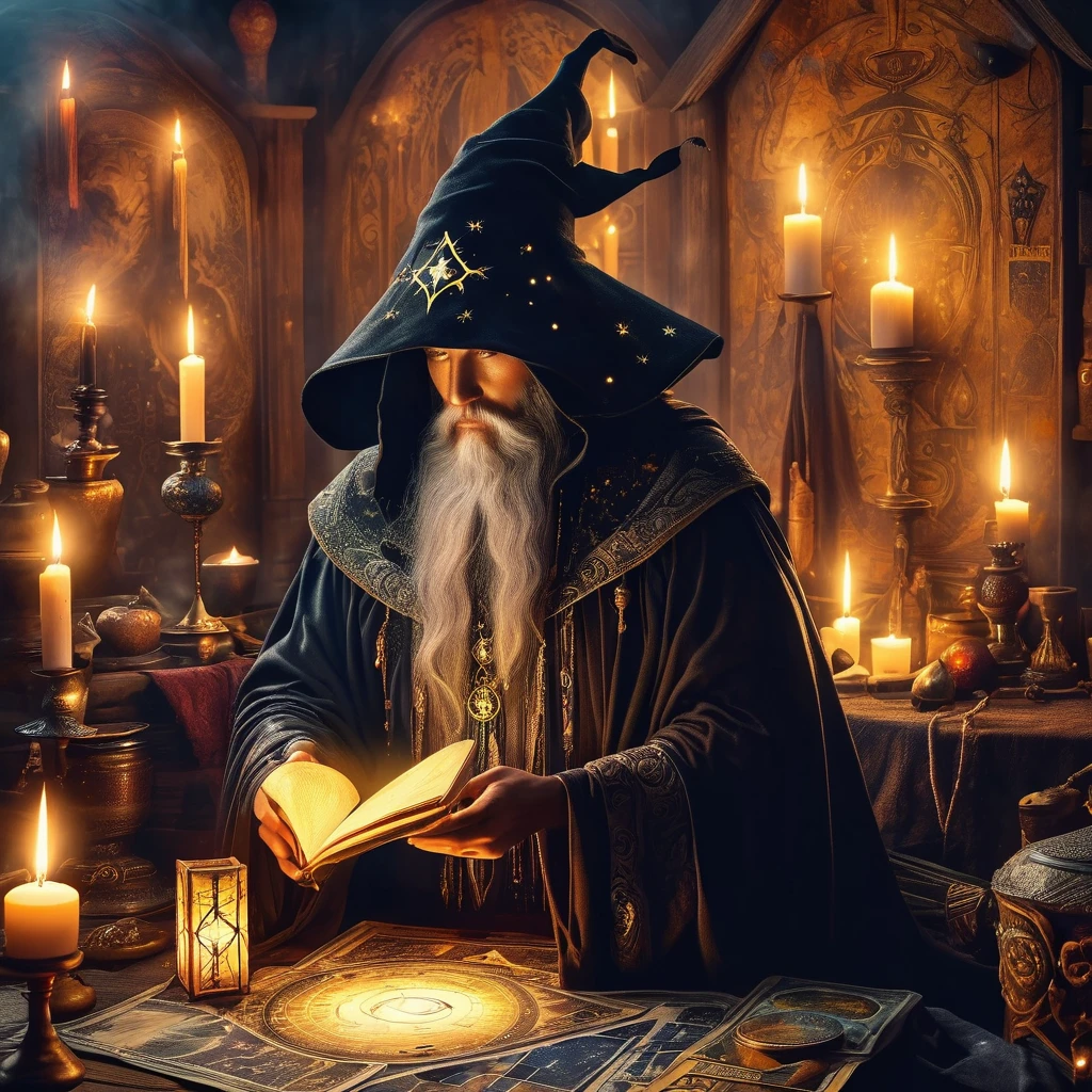 Wizard in a black cloak，fortune teller，Tarot占卜术，Tarot，空中漂浮的Tarot，阵列的Tarot，Dim candlelight，Mysterious call，Strong mysterious and creepy atmosphere，Visual impact