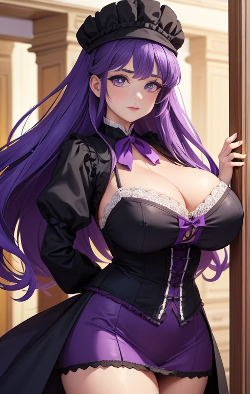 Girl with big breasts, in purple Victorian clothing, lavender fur, violet eyes