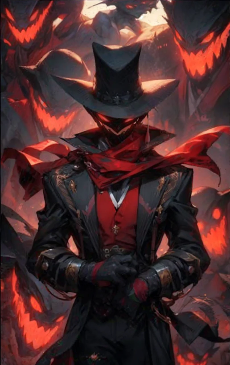 A guy who has no face, no eyes or nose, but has a mouth full of sharp teeth, he wears a blue overcoat, yellow fedora and a red scarf around his neck. Helluva boss Style, Hazbin hotel Style, his skin is flourescent blue.