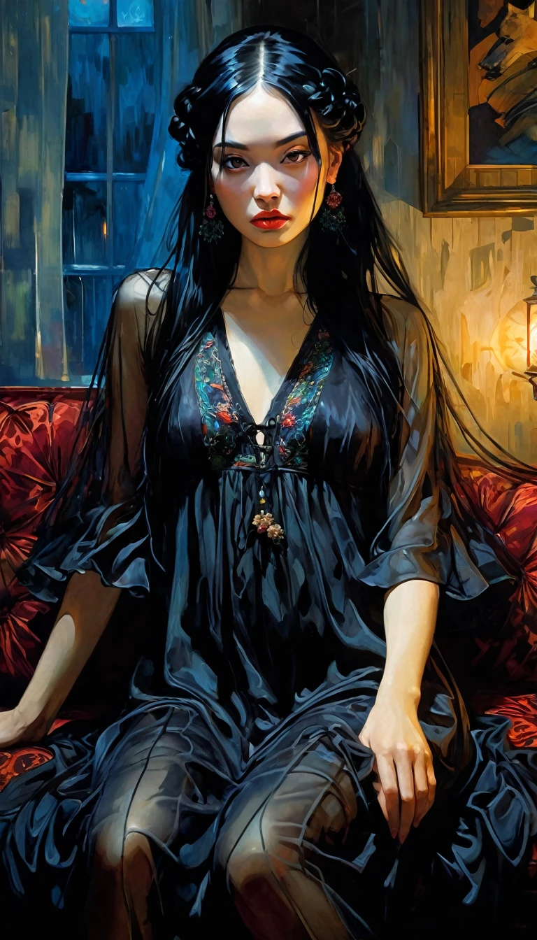 very pretty girl, long black hair with braids, black embroidered nightgown with transparency, small breasts, dim candlelight, sitting sexy on a sofa full of cushions in the dark. (art inspired by Bill Sienkiewicz). oil painting)   (best quality,4k,8k,highres,masterpiece:1.2),ultra-detailed,(realistic,photorealistic,photo-realistic:1.37),intricate details,vivid colors,sharp focus,professional,Dave McKean artwork, oil touch of surrealism,oil painting style