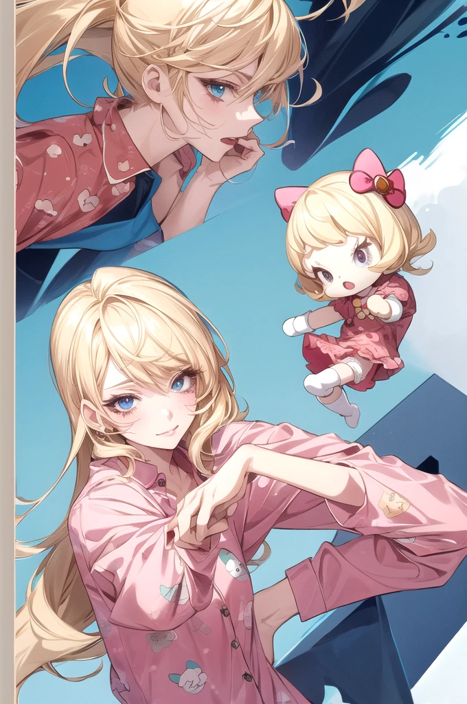 You can make an anime character with blonde hair and eyelashes and Hello Kitty pajamas.