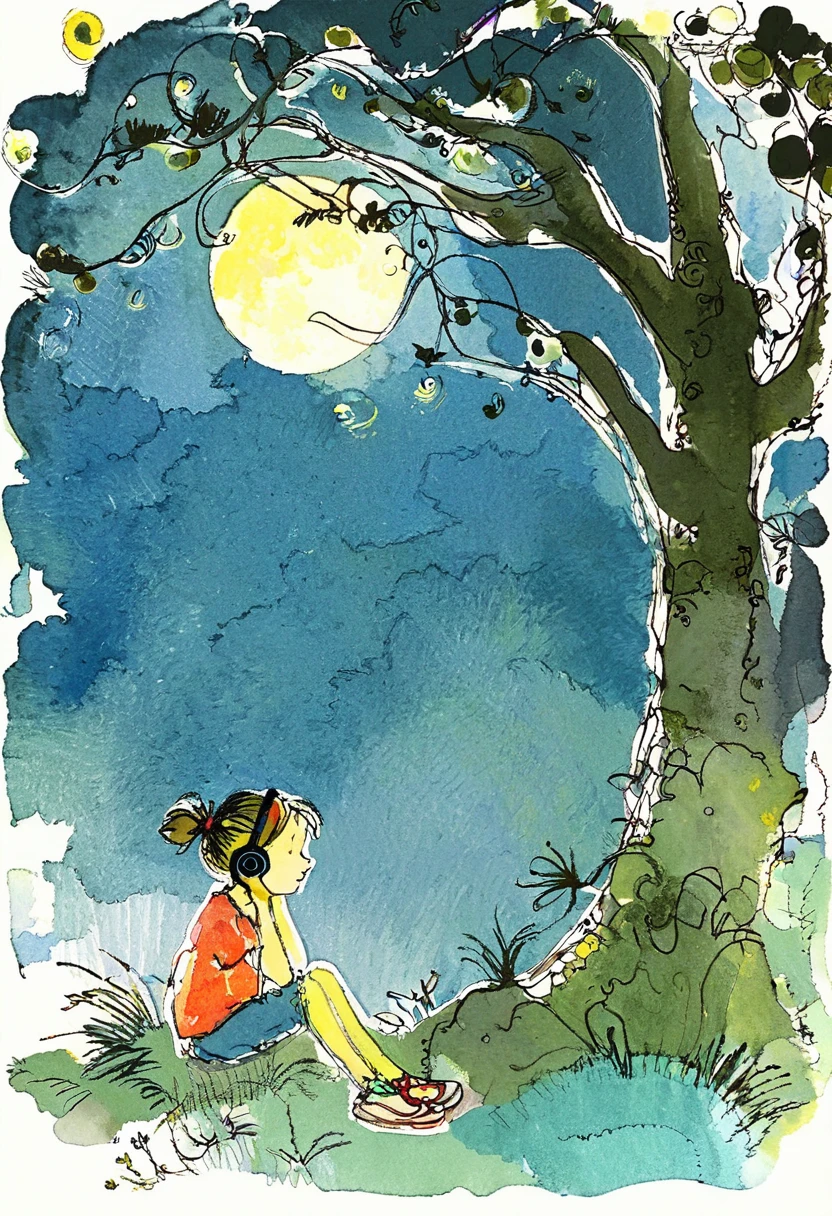 
(a girl with headphones, sitting at the foot of a tree, under the moonlight ) by Quentin Blake, style byQuentin Blake, scene by Quentin Blake, art byQuentin Blake, color by Quentin Blakeatmosphere by Quentin Blake, lights byQuentin Blake, textures by Quentin Blake,shadows by Quentin Blake
