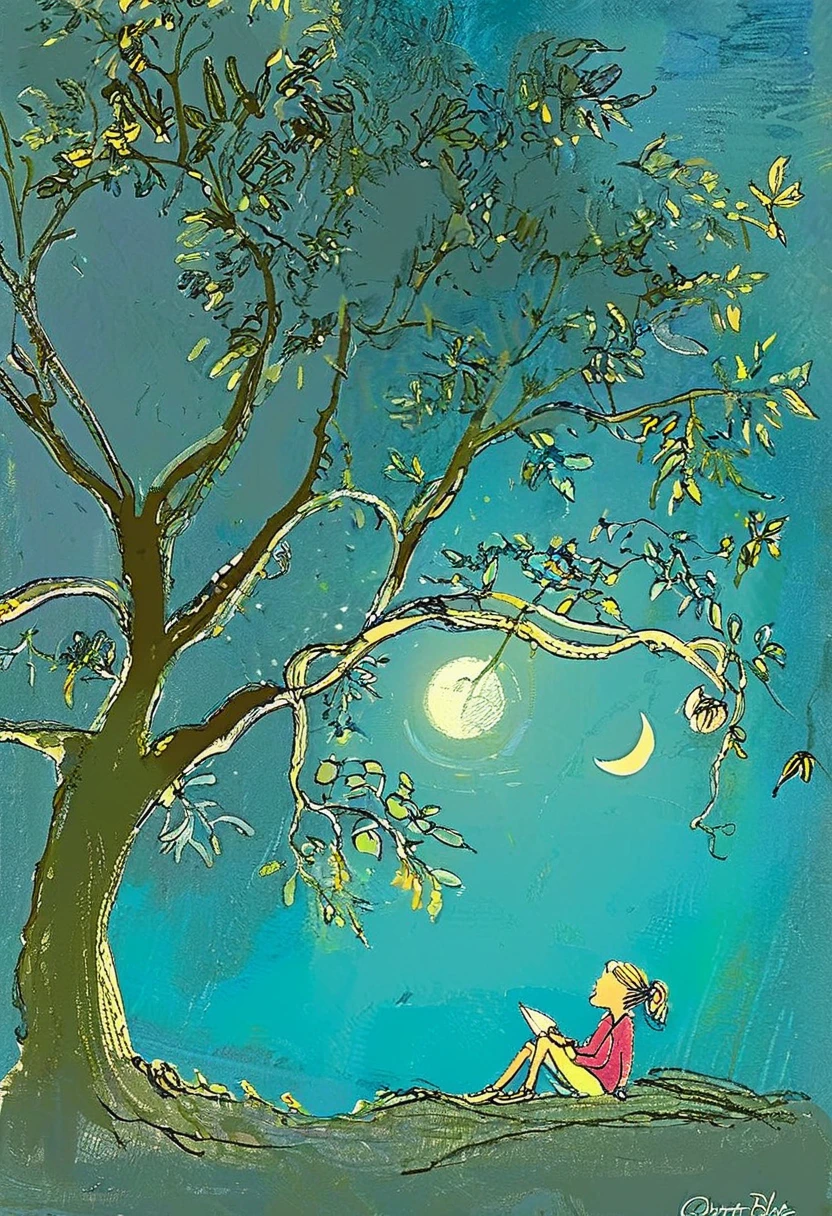 (a girl with headphones, sitting at the foot of a tree, under the moonlight ) by Quentin Blake, style byQuentin Blake, scene by Quentin Blake, art byQuentin Blake, color by Quentin Blakeatmosphere by Quentin Blake, lights byQuentin Blake, textures by Quentin Blake,shadows by Quentin Blake