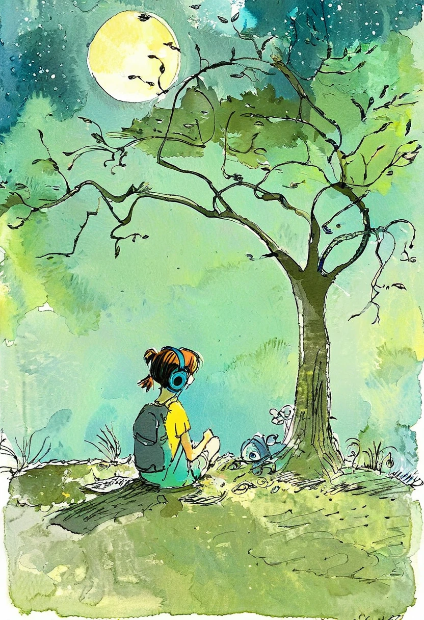 (a girl with headphones, sitting at the foot of a tree, under the moonlight ) by Quentin Blake, style byQuentin Blake, scene by Quentin Blake, art byQuentin Blake, color by Quentin Blakeatmosphere by Quentin Blake, lights byQuentin Blake, textures by Quentin Blake,shadows by Quentin Blake