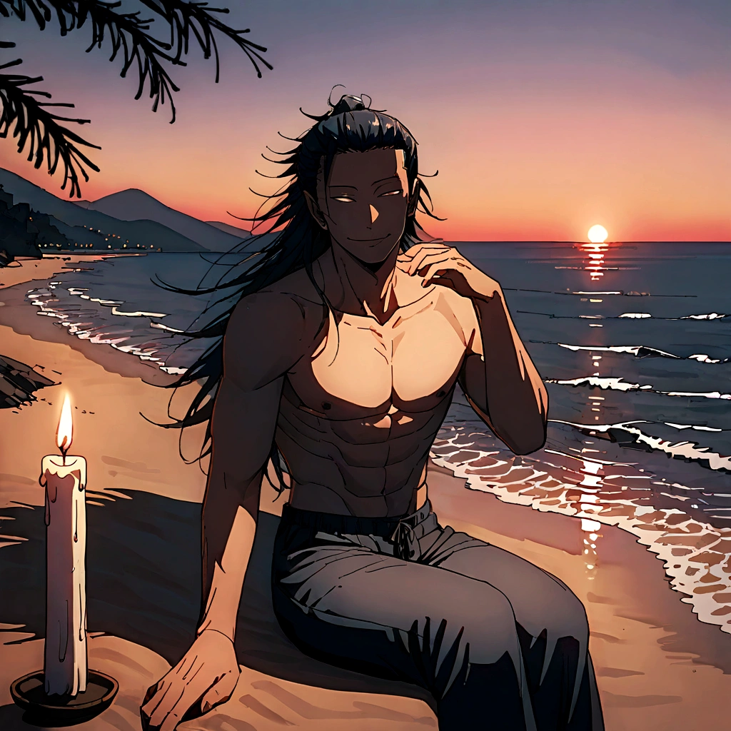 Suguru Geto, 1 man, looking into the camera, Sly smile, full length, topless, intimate, candles, sitting in the sand, against the backdrop of the sea and sunset, 8 k, Best quality