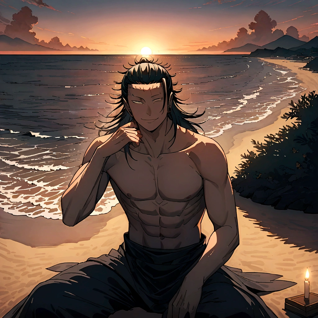 Suguru Geto, 1 man, looking into the camera, Sly smile, full length, topless, intimate, candles, sitting in the sand, against the backdrop of the sea and sunset, 8 k, Best quality