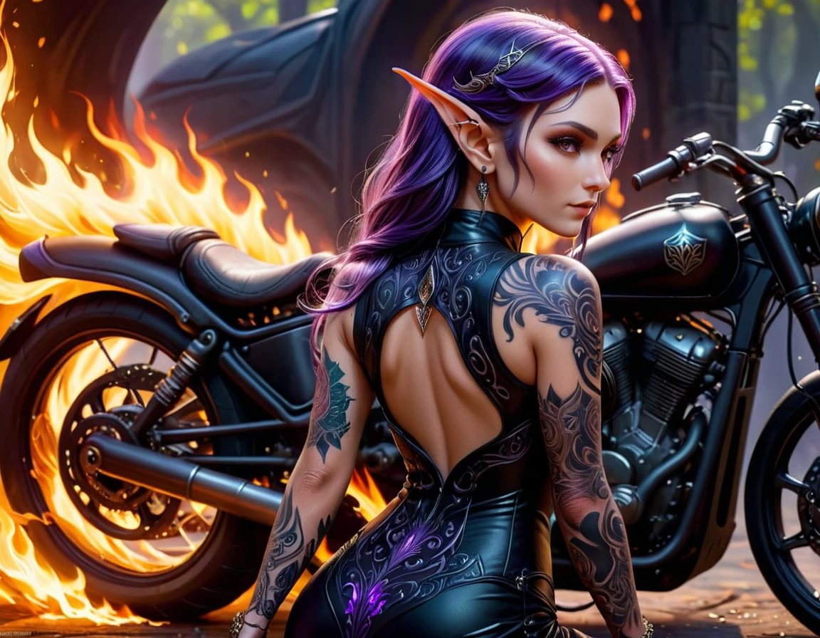 Arafed, Dark fantasy art, fantasy art, goth art, a picture of a of a tattooed female elf near her motorcycle (masterwork, best detailed, ultra detail: 1.5)  the tattoo is vivid, intricate detailed coming to life from the ink to real life, GlowingRunesAI_purple, ((fire surrounds the motorcycle: 1.5)), shot taken from the back, ((the back is visible: 1.3), small pointed ears, she wears a transparent black dress, the dress is elegant, flowing, elven style, that the tattoos glow, dynamic hair color, dynamic hair style, high details, best quality, 16k, [ultra detailed], masterpiece, best quality, (extremely detailed), dynamic angle, full body shot, faize,, Digital Painting