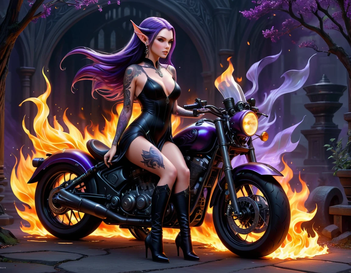 Arafed, Dark fantasy art, fantasy art, goth art, a picture of a of a tattooed female elf near her motorcycle (masterwork, best detailed, ultra detail: 1.5)  the tattoo is vivid, intricate detailed coming to life from the ink to real life, GlowingRunesAI_purple, ((fire surrounds the motorcycle: 1.5)), shot taken from the back, ((the back is visible: 1.3), small pointed ears, she wears a transparent black dress, the dress is elegant, flowing, elven style, that the tattoos glow, dynamic hair color, dynamic hair style, high details, best quality, 16k, [ultra detailed], masterpiece, best quality, (extremely detailed), dynamic angle, full body shot, faize,, Digital Painting