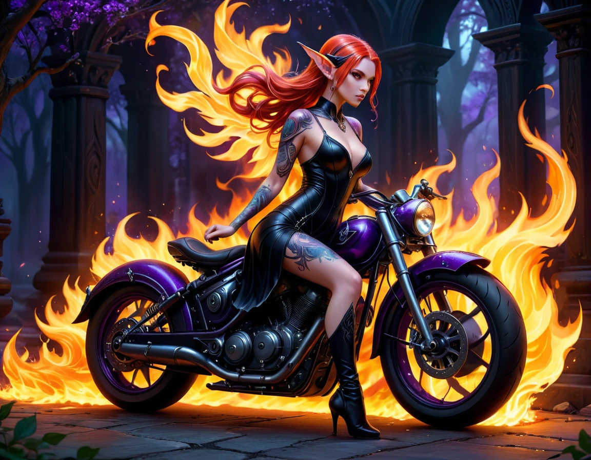 Arafed, Dark fantasy art, fantasy art, goth art, a picture of a of a tattooed female elf near her motorcycle (masterwork, best detailed, ultra detail: 1.5)  the tattoo is vivid, intricate detailed coming to life from the ink to real life, GlowingRunesAI_purple, ((fire surrounds the motorcycle: 1.5)), shot taken from the back, ((the back is visible: 1.3), small pointed ears, she wears a transparent black dress, the dress is elegant, flowing, elven style, that the tattoos glow, dynamic hair color, dynamic hair style, high details, best quality, 16k, [ultra detailed], masterpiece, best quality, (extremely detailed), dynamic angle, full body shot, faize,, Digital Painting