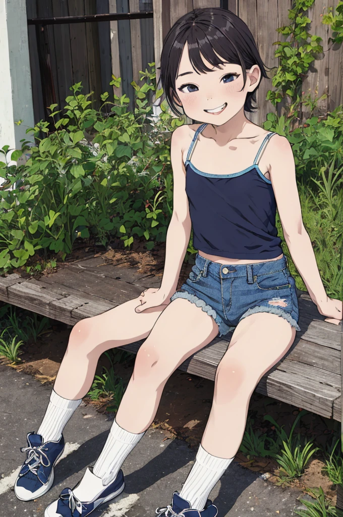 best quality, masterpiece, detailed,2d,flat color, 1girl,8yo,petit,grin,camisole,denim shorts,socks,outdoor,small breasts