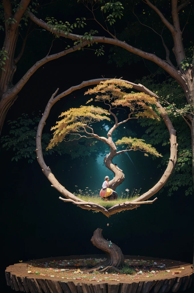 circular tree,four seasons,spring,summer,autumn,winter,leaves,roots,branches,trunk,ornate border,decorative,digital illustration,artwork,movement,time,swirling background,dark background,vibrant colors,natural,life cycle,growth,change,nature,life,peace,harmony,spirituality,symbolism,digital art,illustration,painting,graphic design,art,design,digital media,online art,visual art,fine art,fantasy