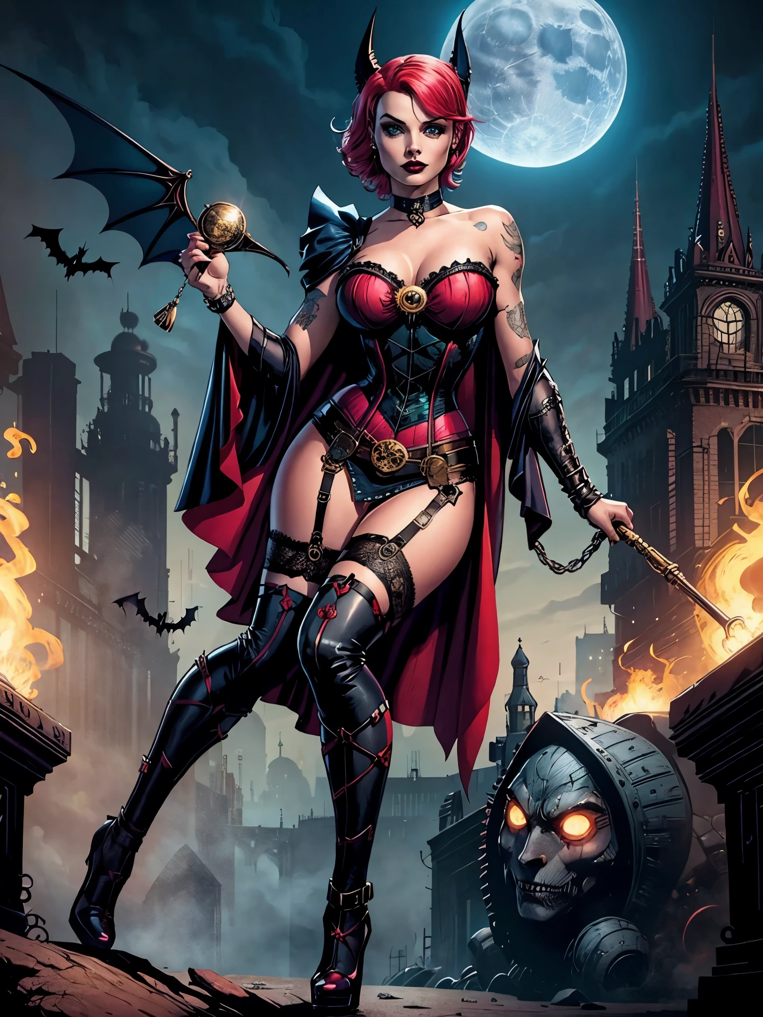 a woman Margot Robbie AS Harley Quinn , green eyes, red, pink,blue hair, solo girl,close up,moonlight, Victorian steampunk skirt, Victorian corset, masquerade dress and mask ,body tattoos, garter belt, short hair, long sheer robe ,holding a mask, DRACULLA castle, bats, gothic makeup, shy smile, beautiful girl, large breasts, stockings, high heels, ultra detailed, realistic, fantasy art,