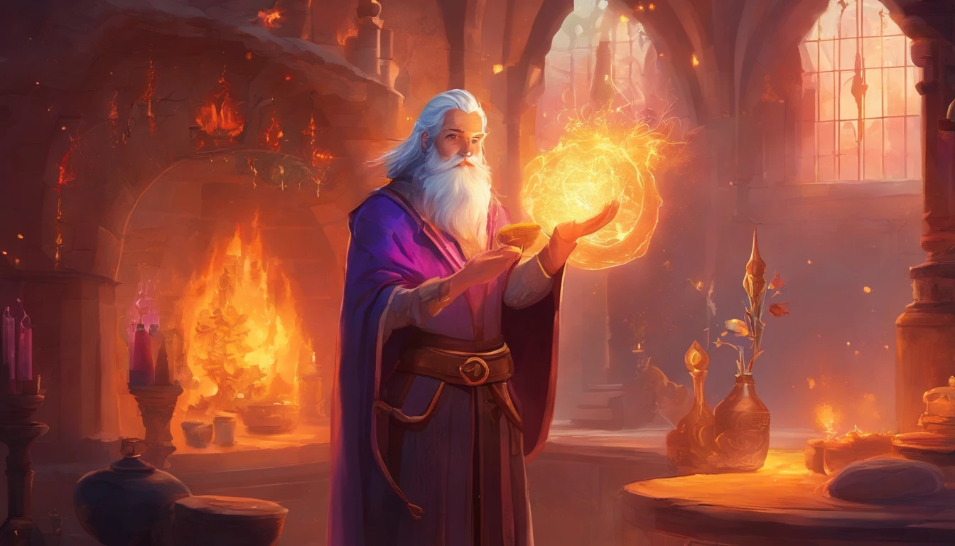 Cinematic scene of an elf scientist wizard, silver hair and beard, holding a glass bottle with glowing magical runes, inside the glass bottle there is purple fire in liquid form. Vintage pulp illustration, in a medieval laboratory, looking shocked, machine malfunction in the background, fire and flames, explosion and steam, lightning with warm colors illuminating the scene, fine details, depth of field, explosion outside the frame.