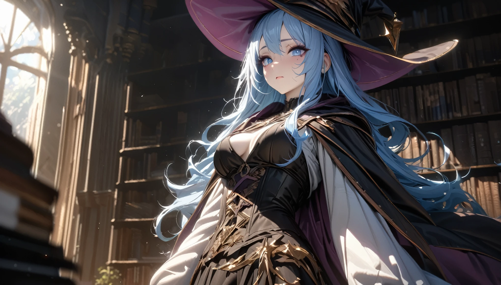 (absurdres, highres, ultra detailed), masterpiece, perfect resolution, great detail, super detailed, detailed face, unhealthy, NEET, unhealthy pale skin, pink dry lips, blue eyes, light eyes, eyeshadow, tired looking, tired eyes, medium breasts, light blue hair, messy hair, unkept hair, long hair, dense hair, mane hair, library scenery, dark robes, witch hat, corset, emotionless face, depth of field, (25 years old), cinematic lighting, ray tracing, depth of field, cinematic lighting, ray tracing, UHD, high details, best quality, highres, high quality, award winning, super detail, masterpiece, 8k, UHD, high details, best quality, highres, high quality, award winning, super detail, masterpiece, 8k, digital art, anime coloring
