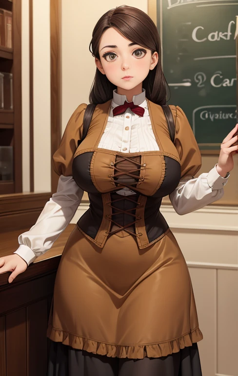 Girl with big breasts, in brown Victorian clothing, by the cafe, amber eyes