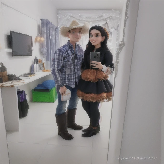 There's a man and a woman taking a selfie in the mirror, 👰 🏇 ❌ 🍃, lovely Couple, profile image, powder Nándor Katona, 🤠 using a 🖥, Couple, 1614572159, tema cowboy, halloween, in a halloween style, 🐎🍑, photo realist