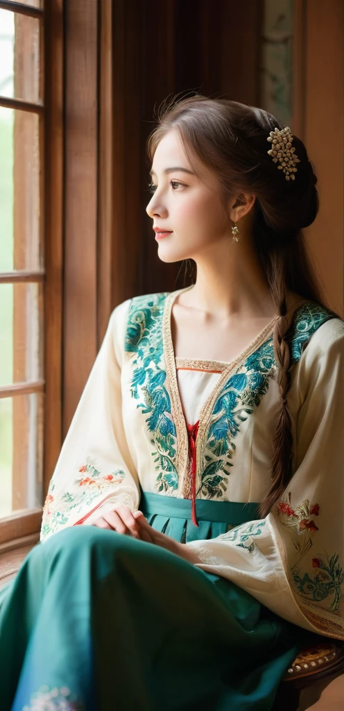 A young, beautiful girl sits gracefully by a window, enveloped in soft, natural light. She British dress, its intricate embroidery and vibrant colors reflecting her cultural heritage. Her hair falls gently over her shoulders as she gazes thoughtfully outside, embodying a serene and elegant presence.