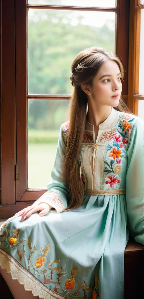 A young, beautiful girl sits gracefully by a window, enveloped in soft, natural light. She British dress, its intricate embroidery and vibrant colors reflecting her cultural heritage. Her hair falls gently over her shoulders as she gazes thoughtfully outside, embodying a serene and elegant presence.