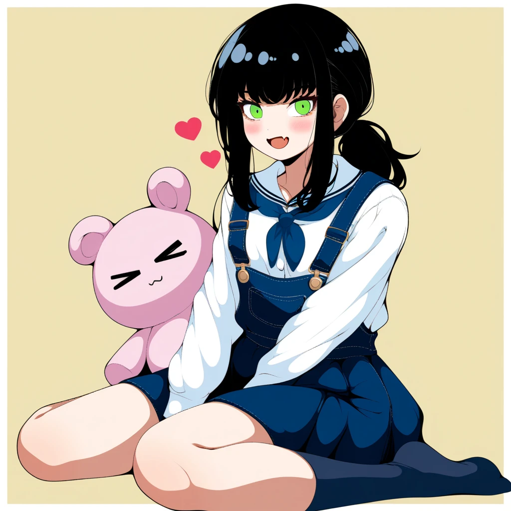 1girl, urukurumagical, chainsaw man, mitaka asa, yoru \(chainsaw man\), absurdres, official art, :d, > <, black hair, blue neckerchief, blue skirt, blue socks, border, choppy bangs, fang, green eyes, heart, neckerchief, open mouth, overall skirt, ponytail, seiza, shirt, sitting, skin fang, skirt, smile, socks, stuffed toy, two-tone background, white border, white shirt, yellow background, ((very aesthetic, best quality, ultra detailed)), painterly
