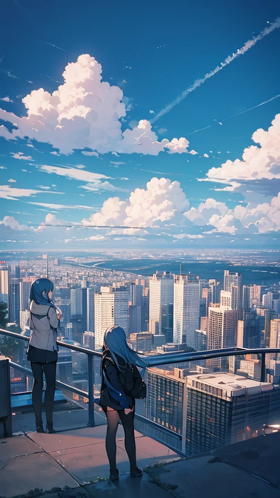 Blue sky girl looking up field of storm clouds a city seen from afar